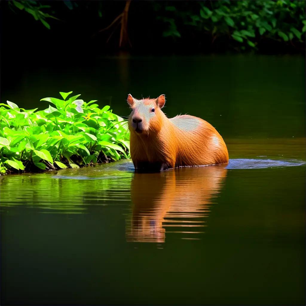 capibara wading in a pond