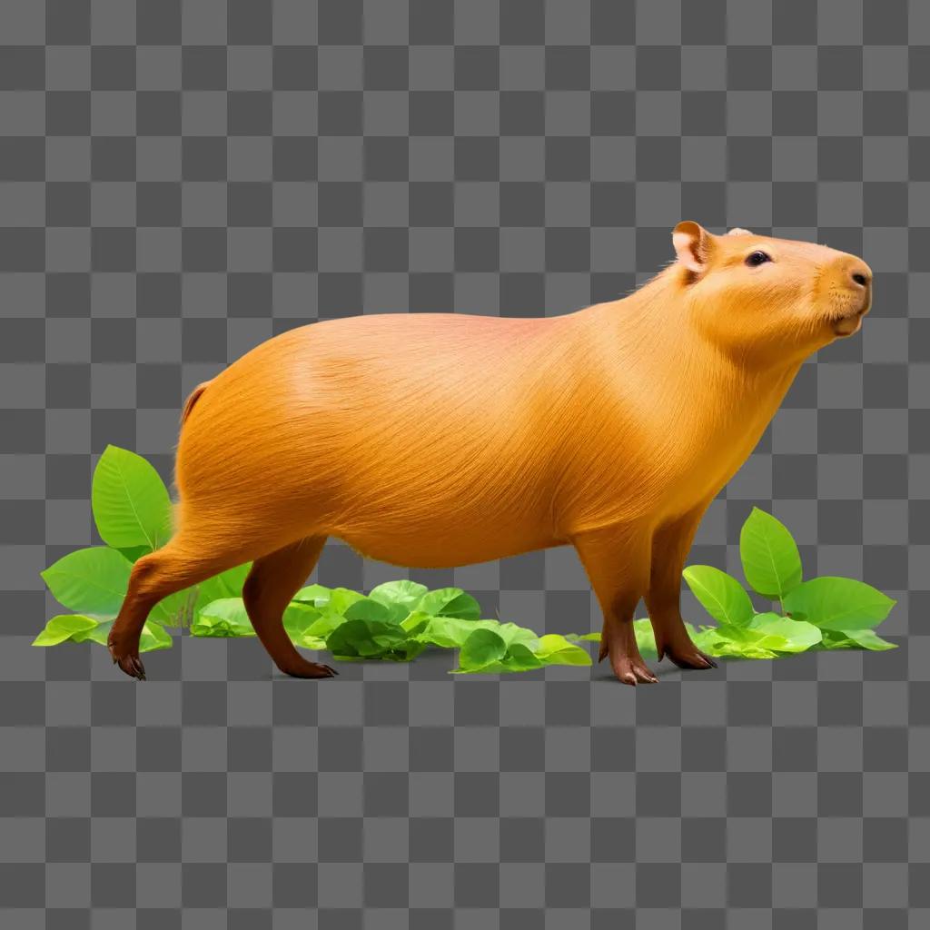 capibara with green leaves around it