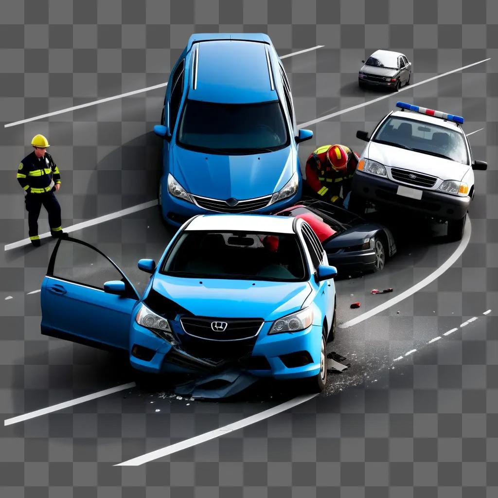 car accident scene with police and firemen