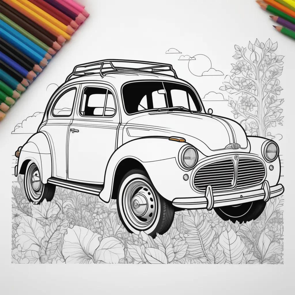 car coloring page with a collection of colorful pencils