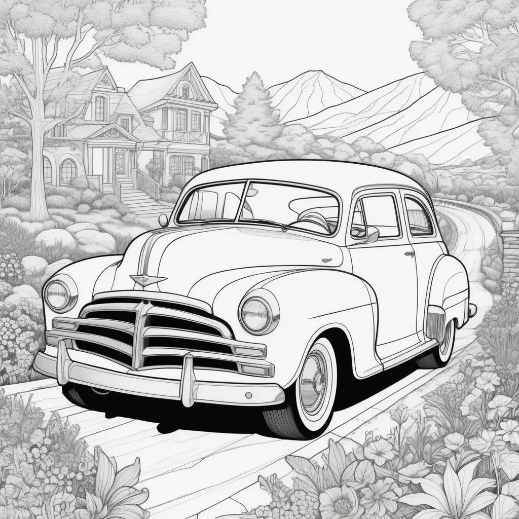 car coloring page with a serene background