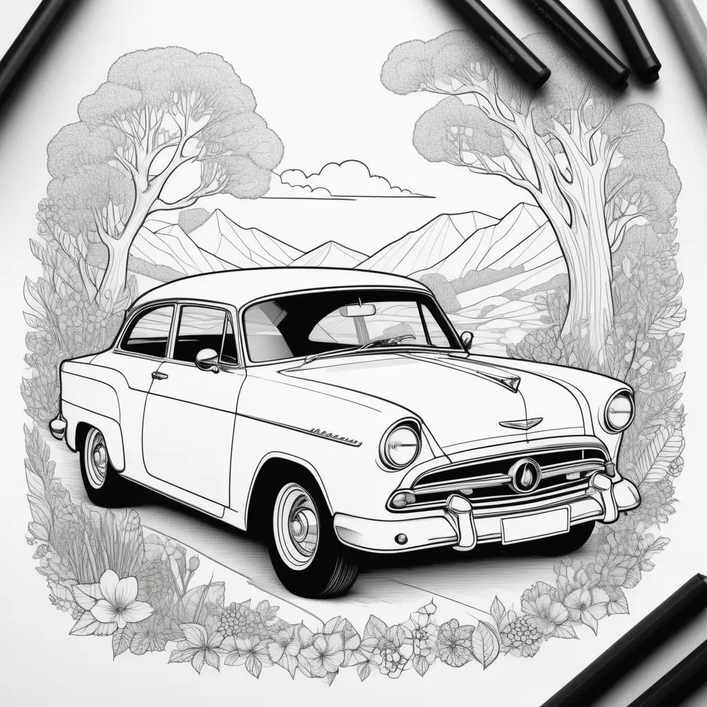 car coloring page with flowers in the background