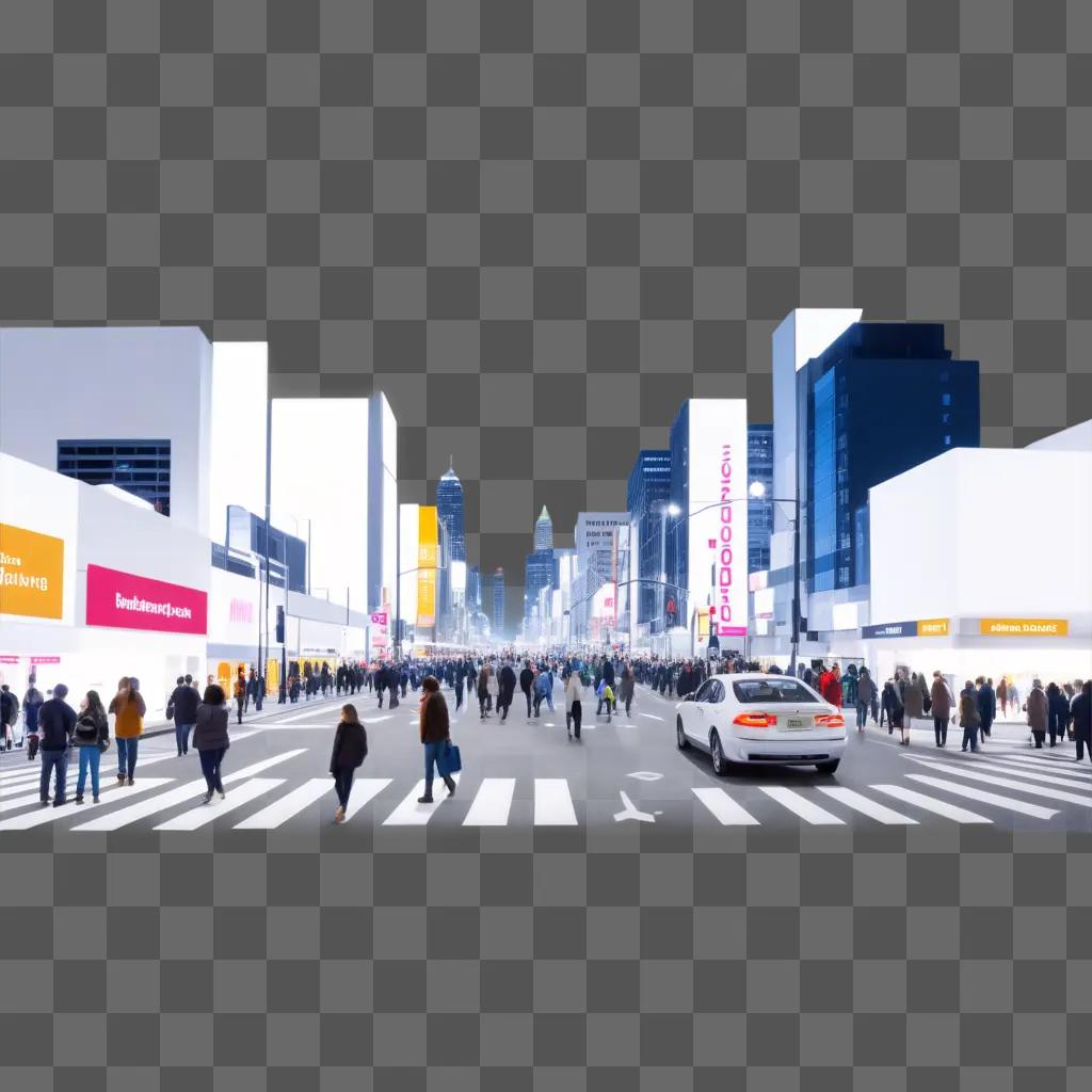 car driving through a city street with a crowd of people walking on the sidewalk