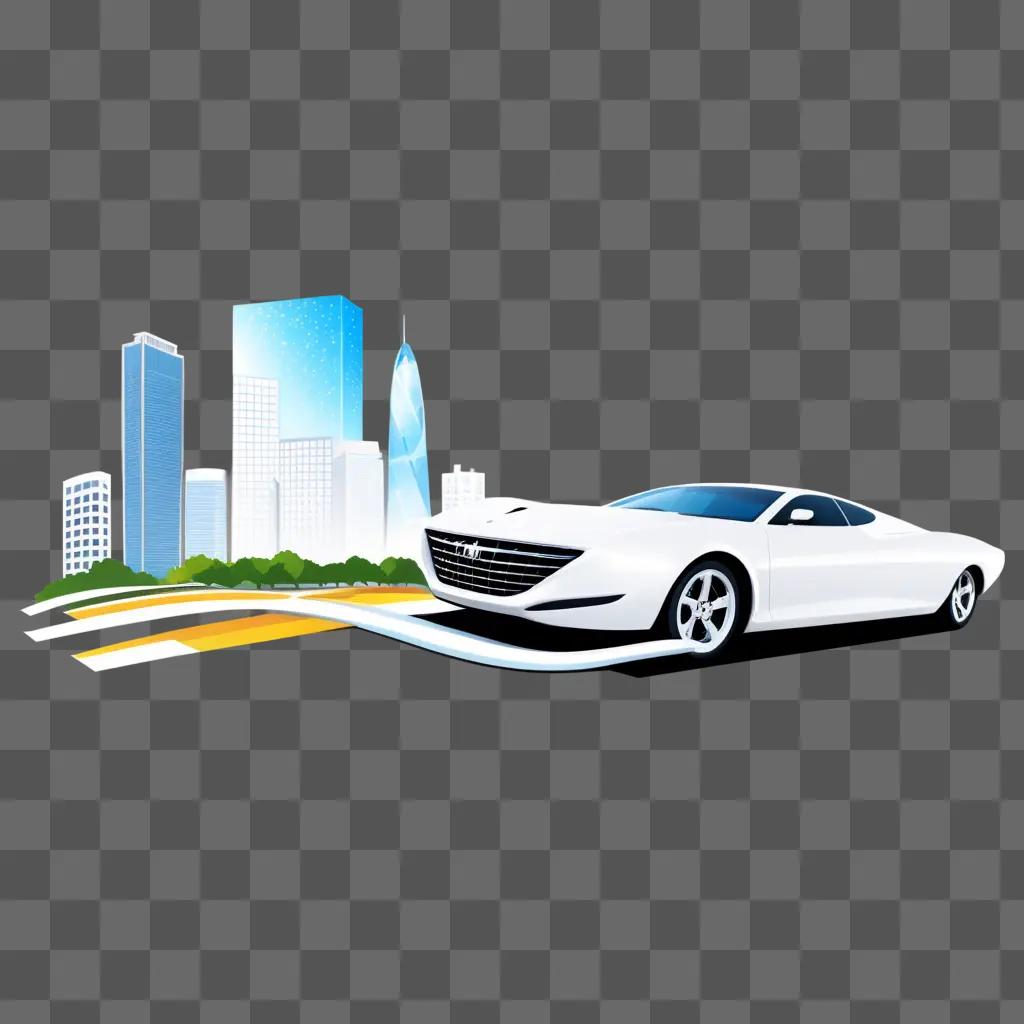 car in a city with buildings and trees