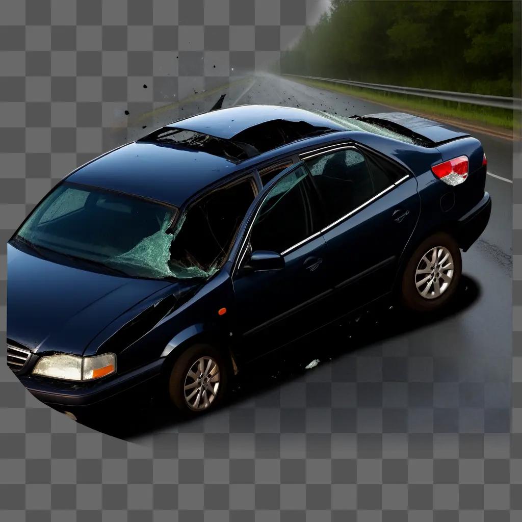 car with a broken window drives down a road