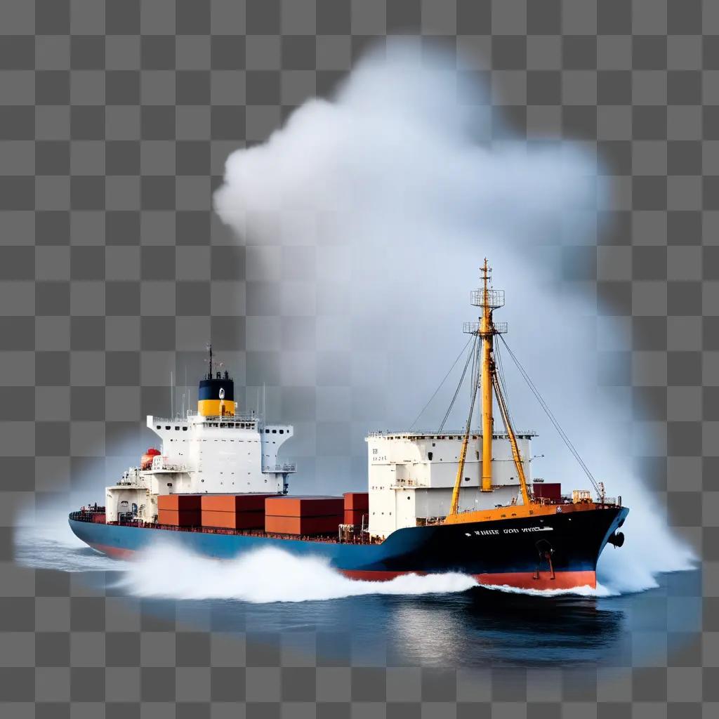 大きな雲を背景に波の上を走る貨物船