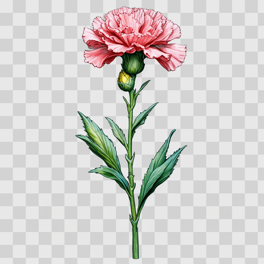 carnation flower drawing A pink carnation with green leaves and a yellow center