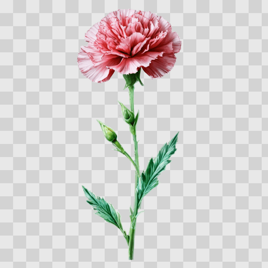 carnation flower drawing A pink flower with green leaves on a beige background