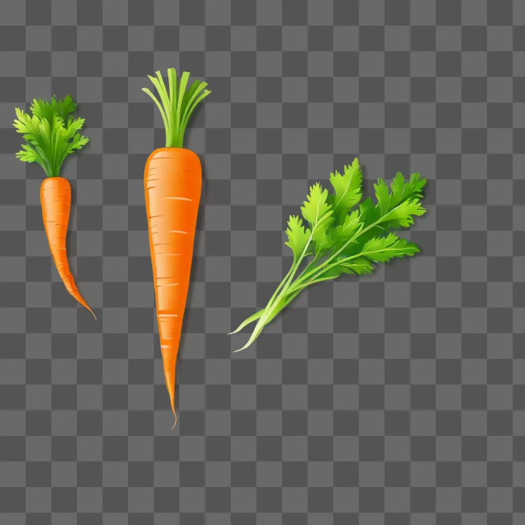 carrot clipart Three carrots and green leaves on a green background