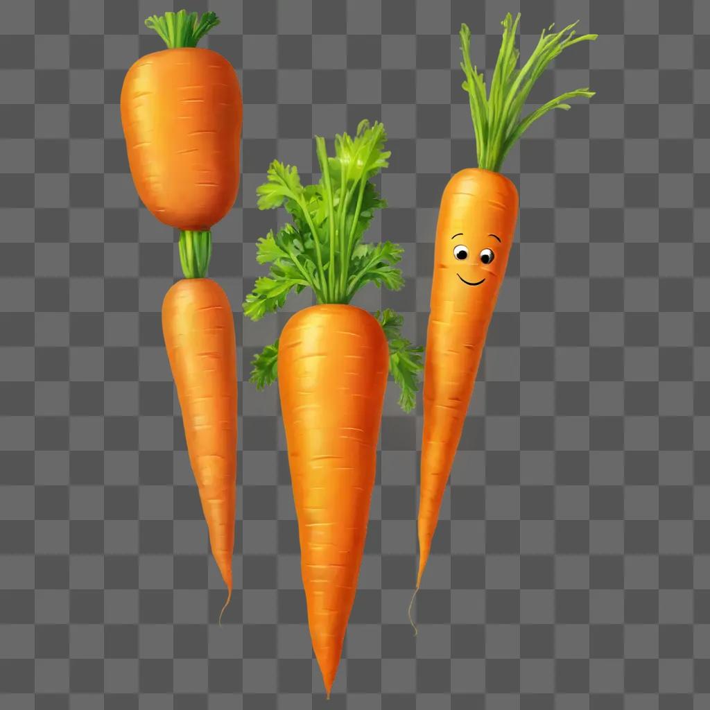 carrot drawing for kids Three carrots with smiling faces on a beige background