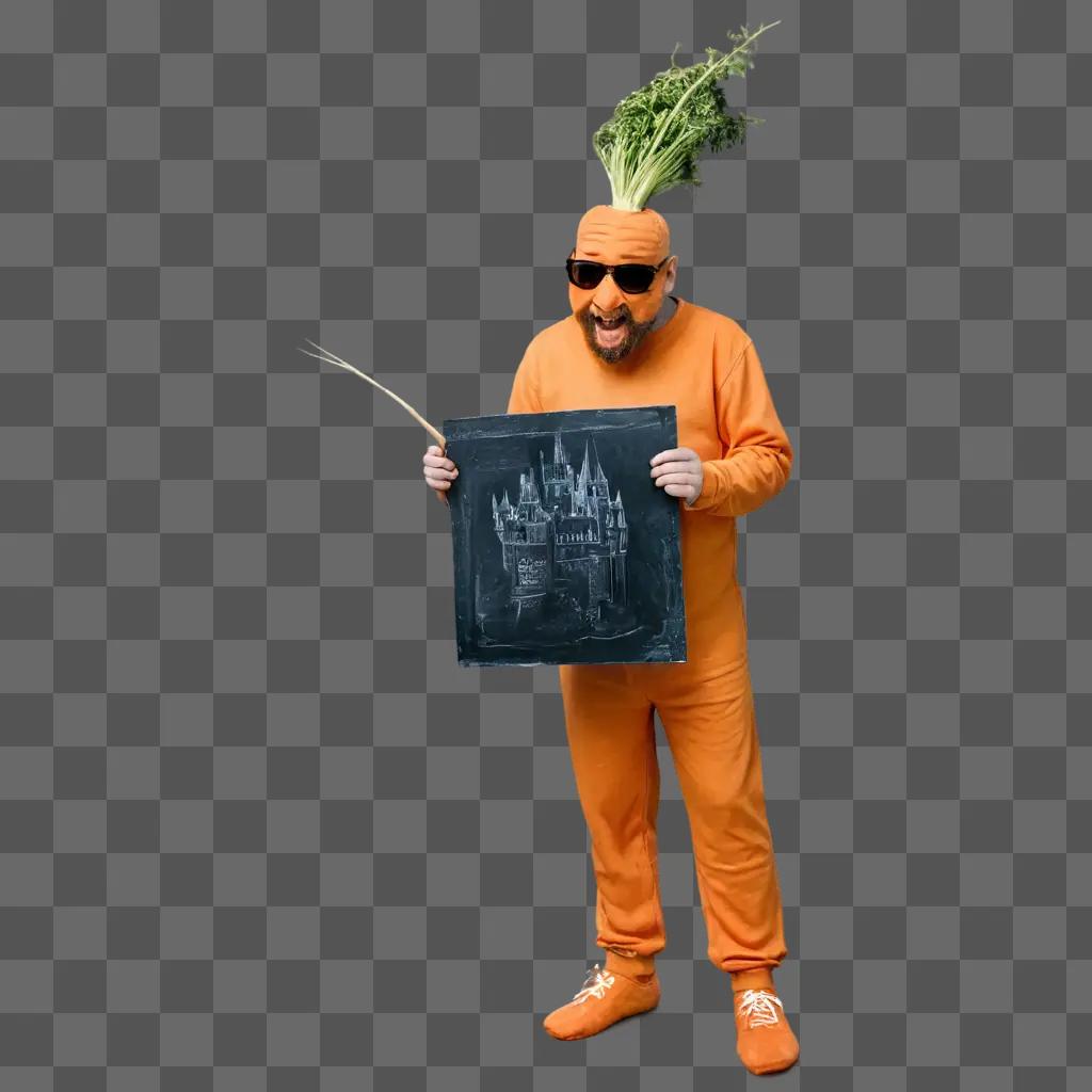 carrot drawing realistic Man in orange jumpsuit holds a blackboard with a castle on it