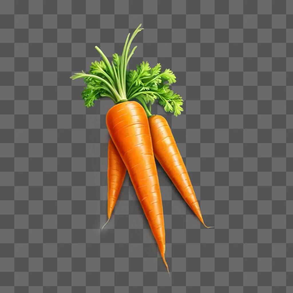 carrot drawing realistic Three carrots with green tops sit on a brown background