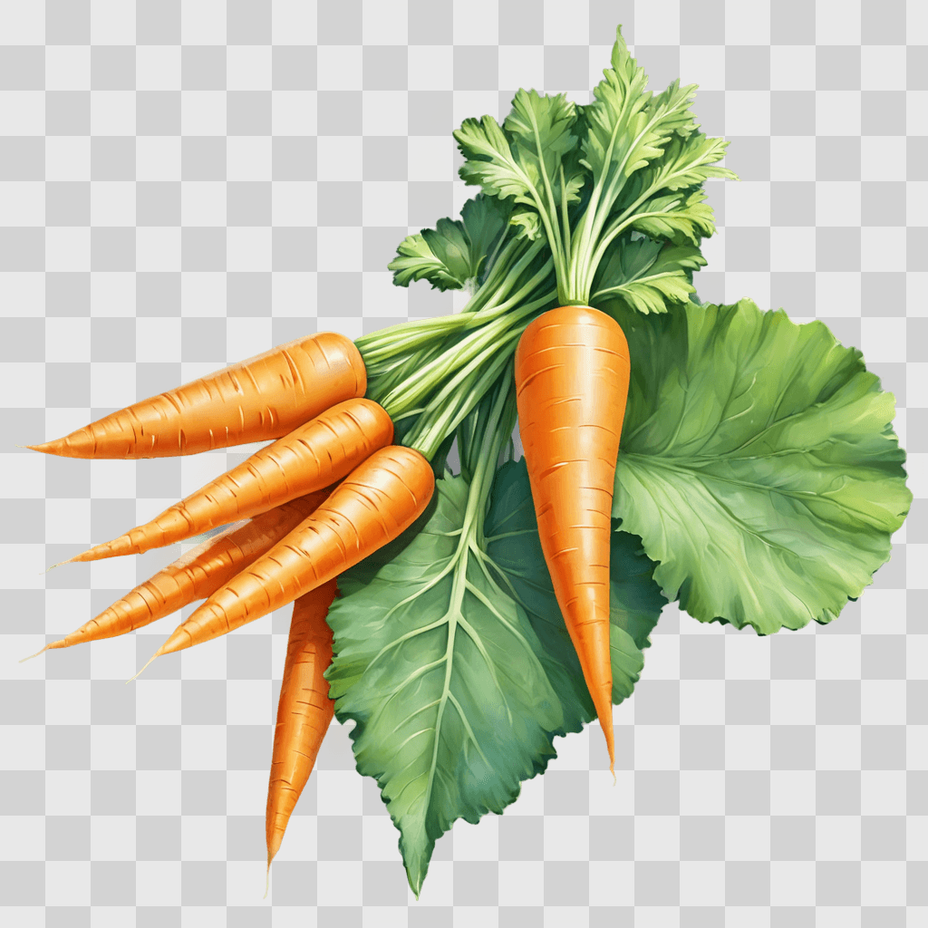 carrot drawing with colour A bunch of carrots and a leaf on a green background