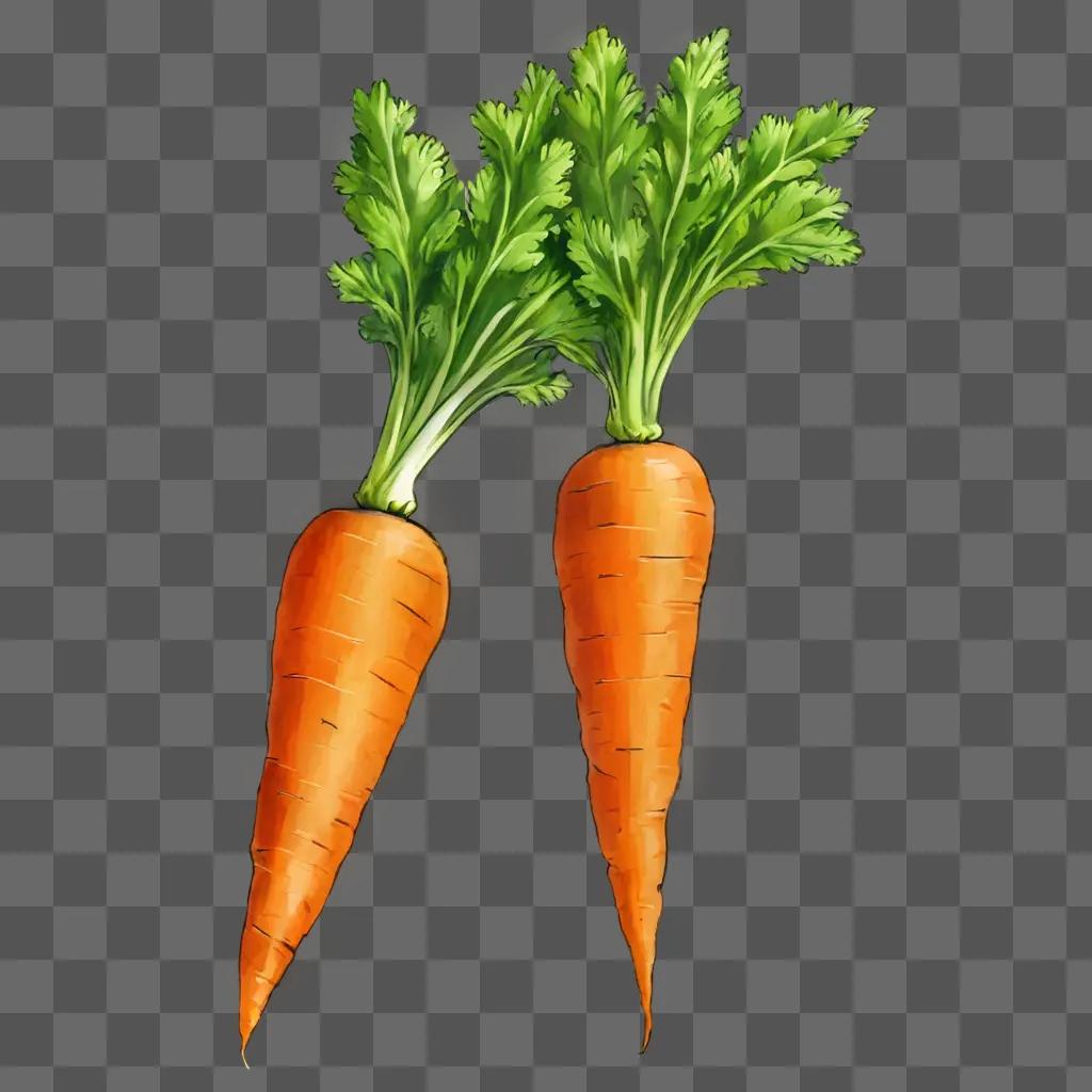 carrot drawing with colour Two carrots with green leaves on a beige background