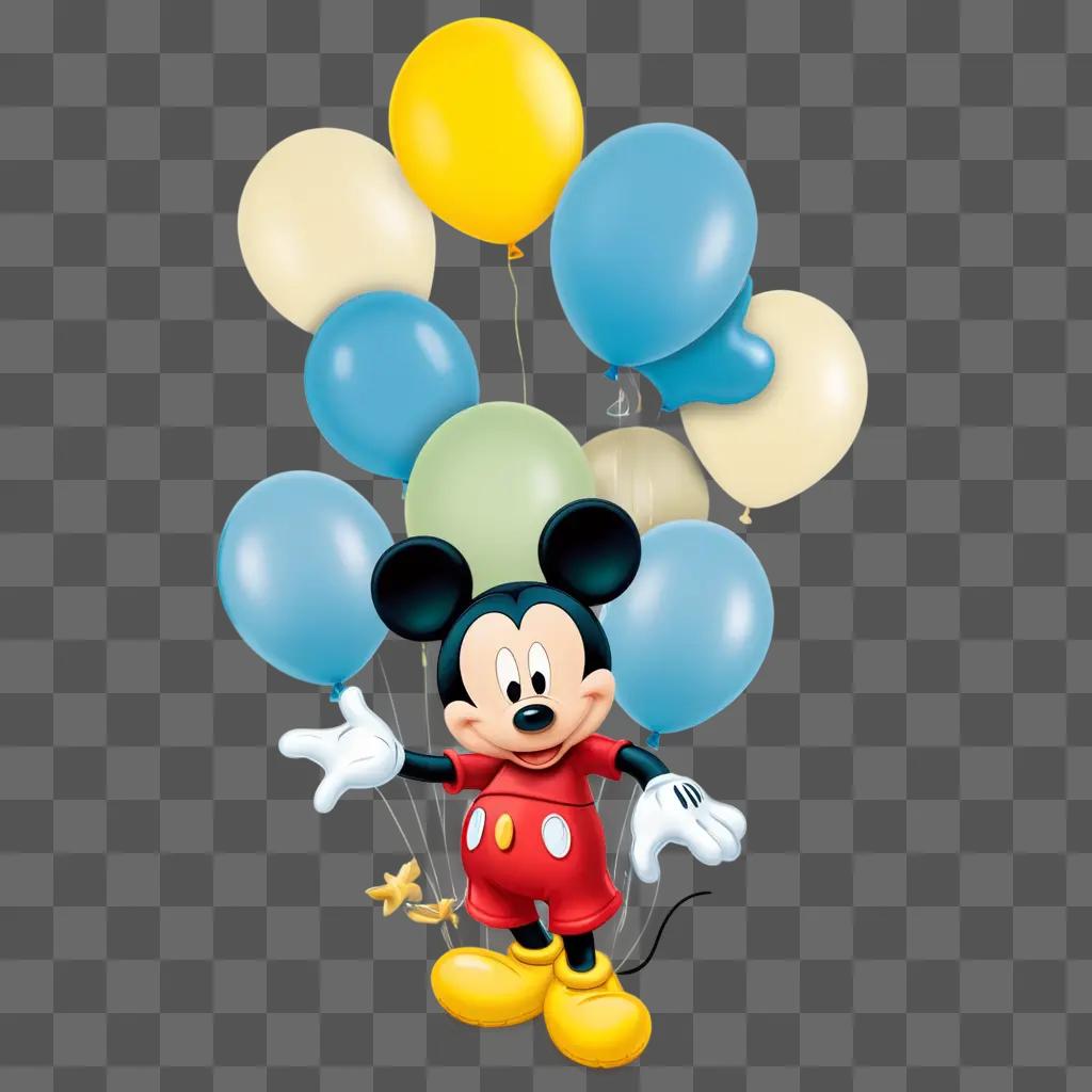 cartoon Mickey Mouse holds balloons with a smile