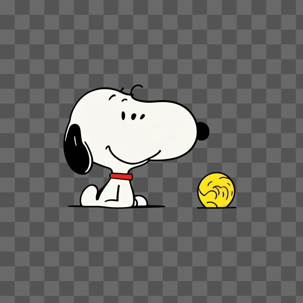 cartoon Snoopy smiles next to a yellow ball