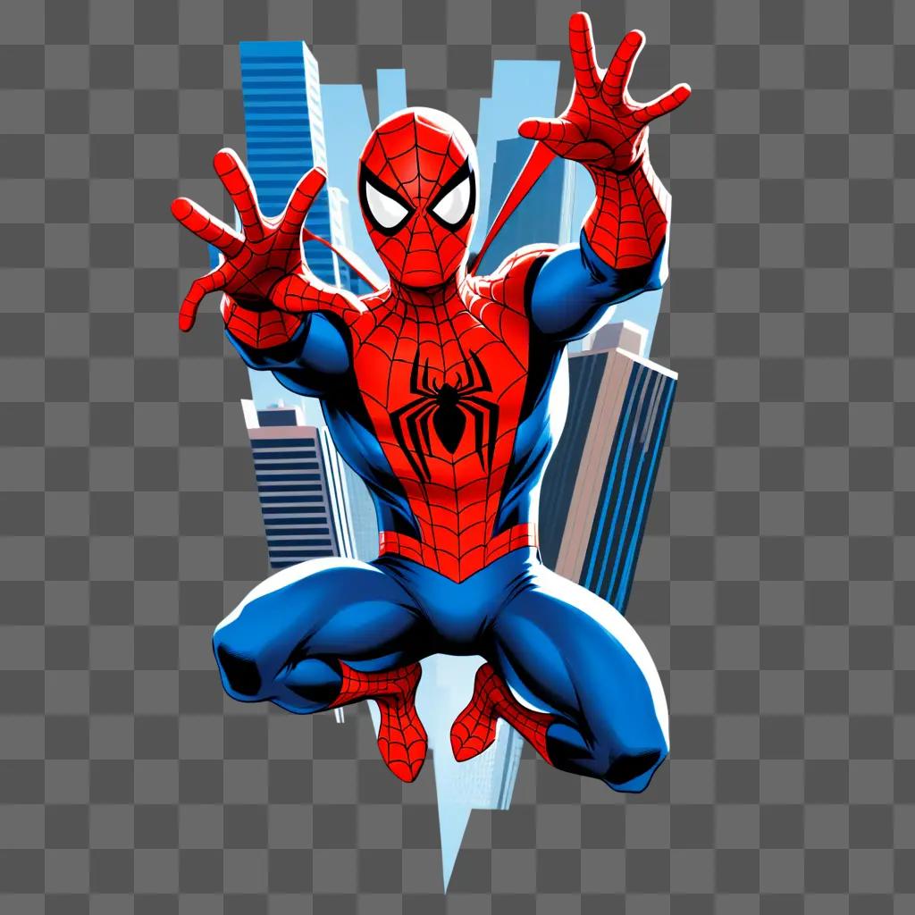 cartoon Spider-Man leaps across a cityscape