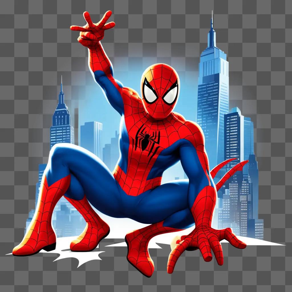 cartoon Spider-Man poses in front of a cityscape