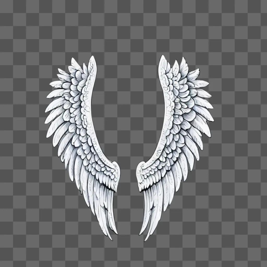 cartoon angel wings drawing Two white wings with feathered edges against a gray background