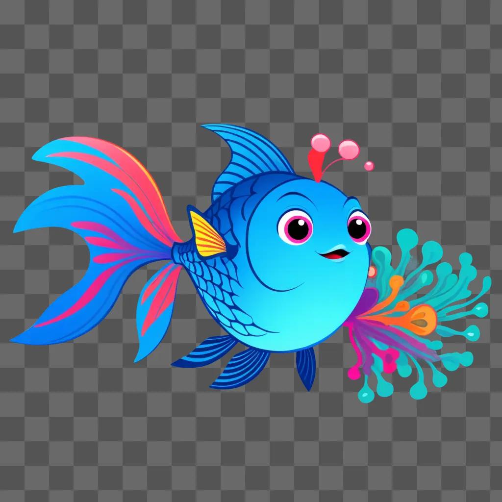 cartoon blue fish with a pink face and orange fins