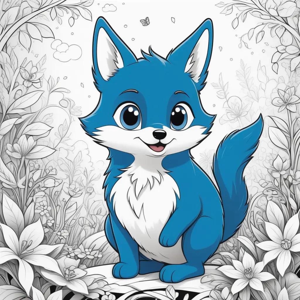 cartoon bluey fox sits among flowers