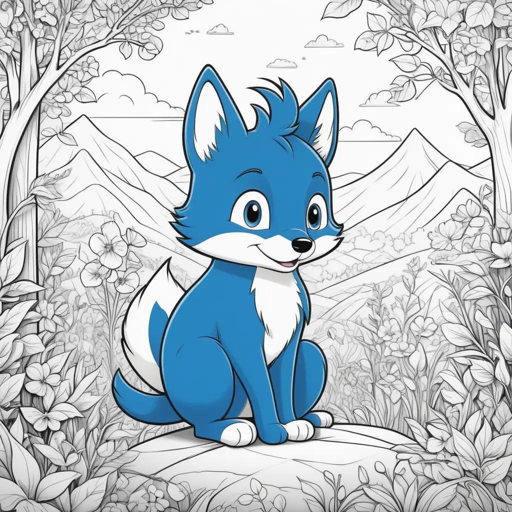 cartoon bluey fox sitting on a rock in a forest