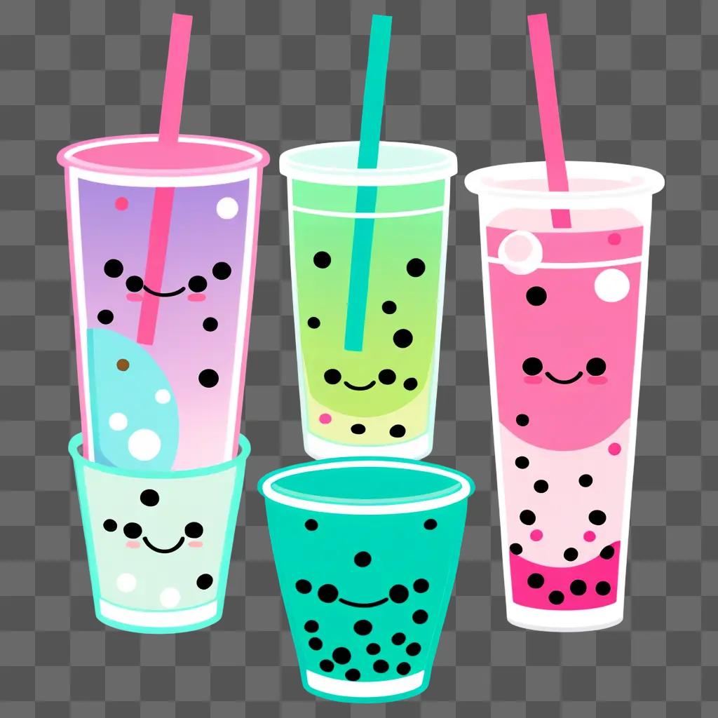 cartoon boba drink with smiling faces and bubbles