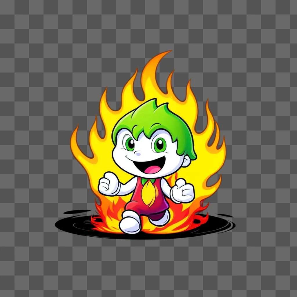 cartoon boy with green hair is running in a fire