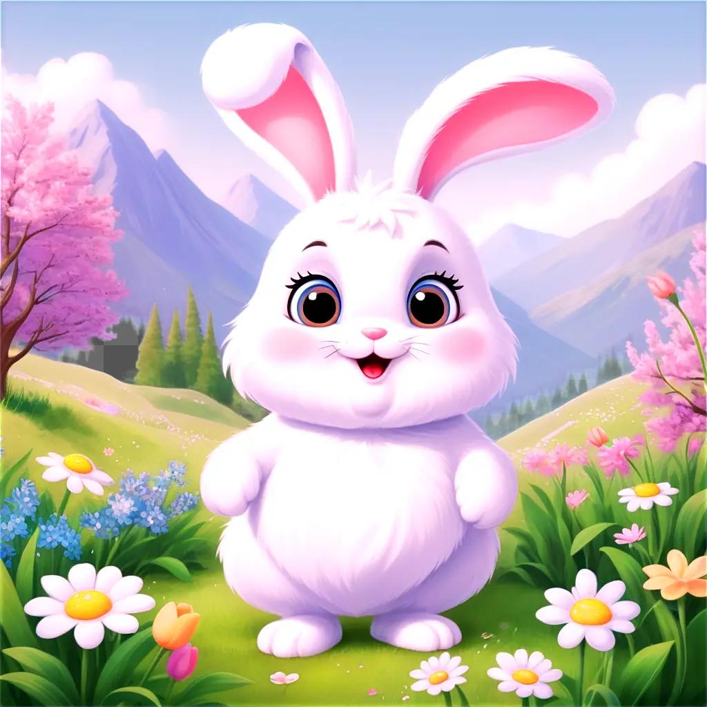 cartoon bunny stands in a colorful field