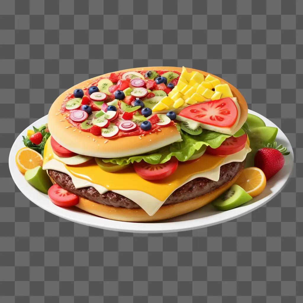 cartoon burger with fruit toppings on a plate