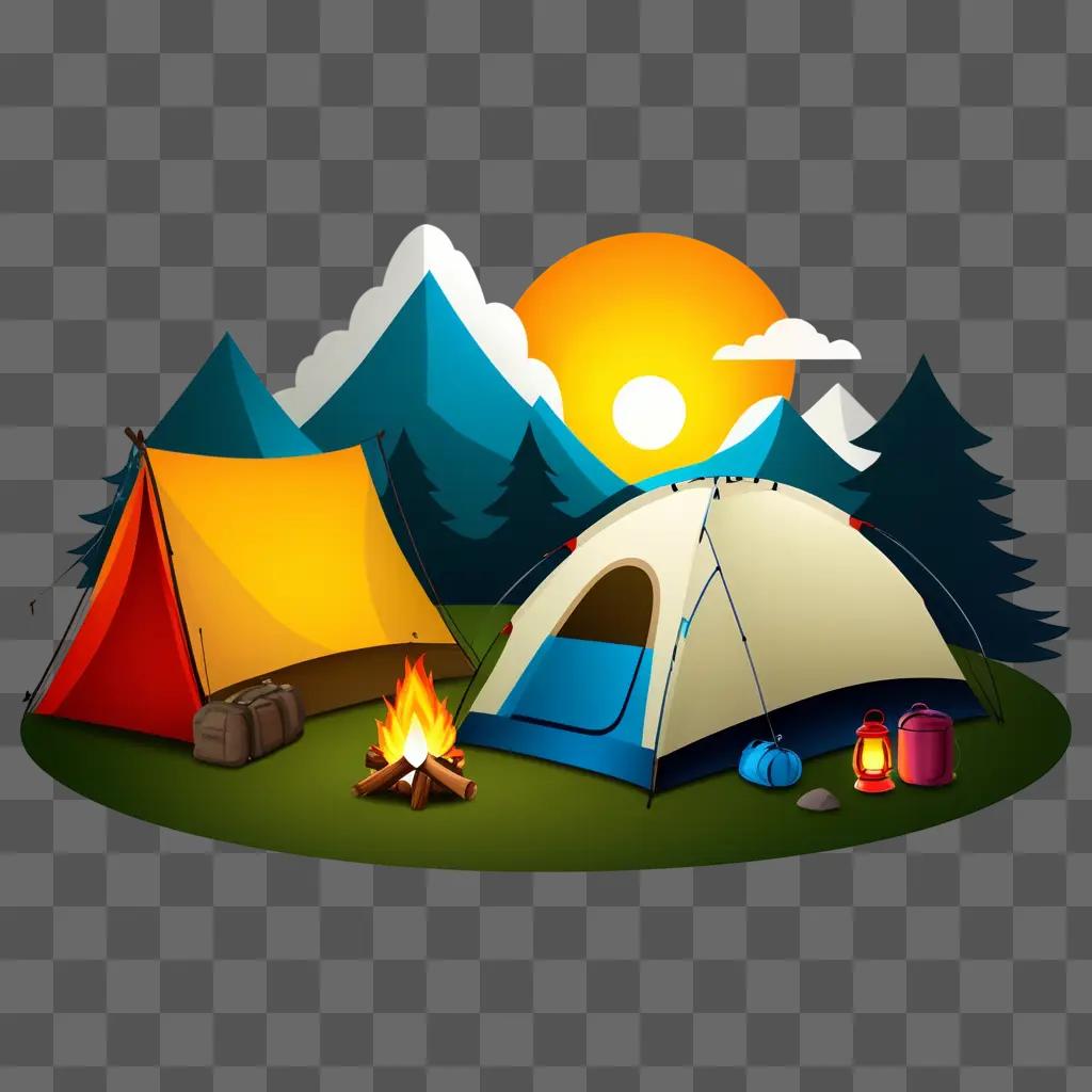 cartoon camping scene with a fire and tents