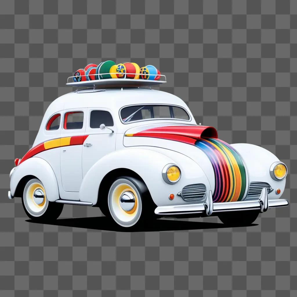 cartoon car has rainbow balls on its roof