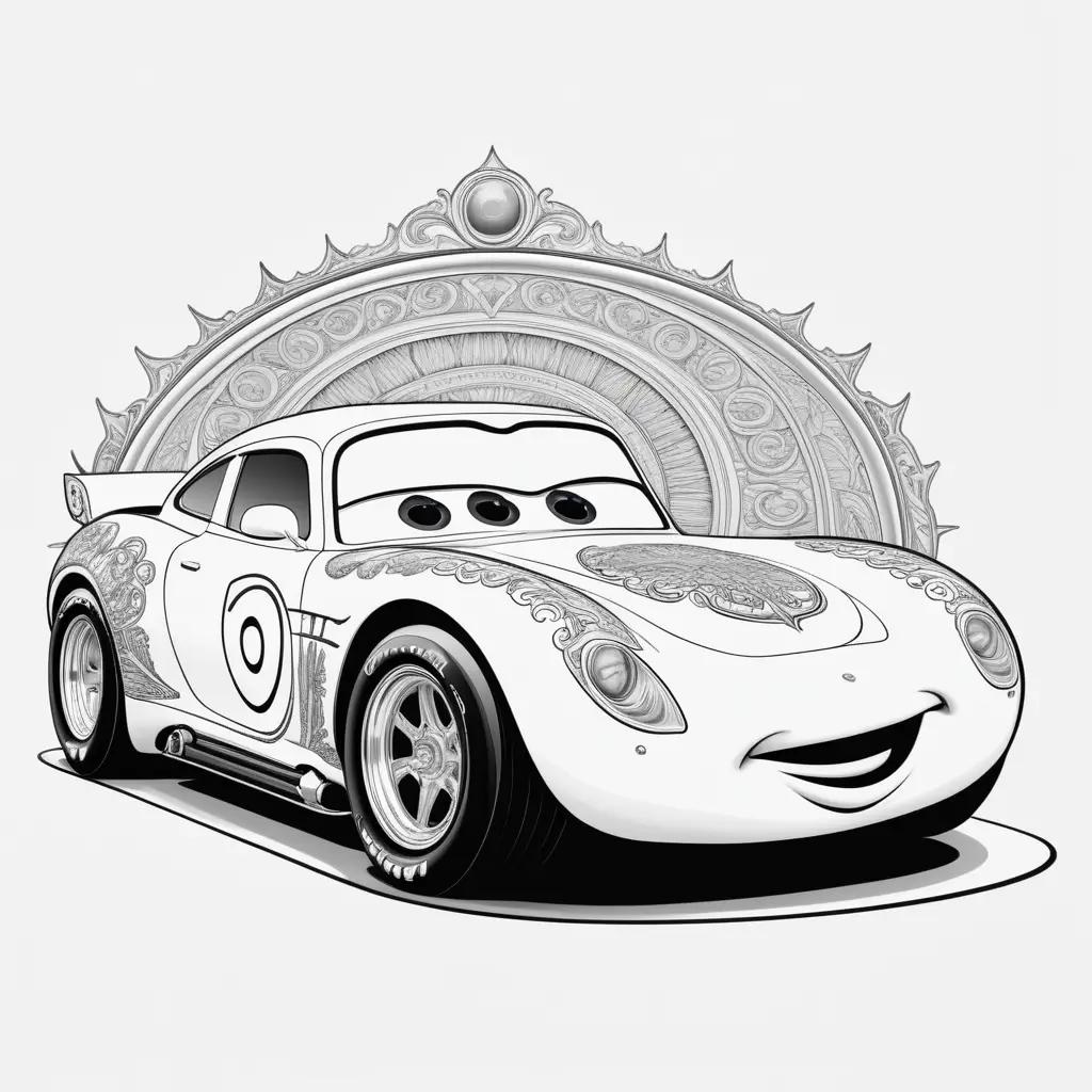 cartoon car is smiling and drawn in black and white