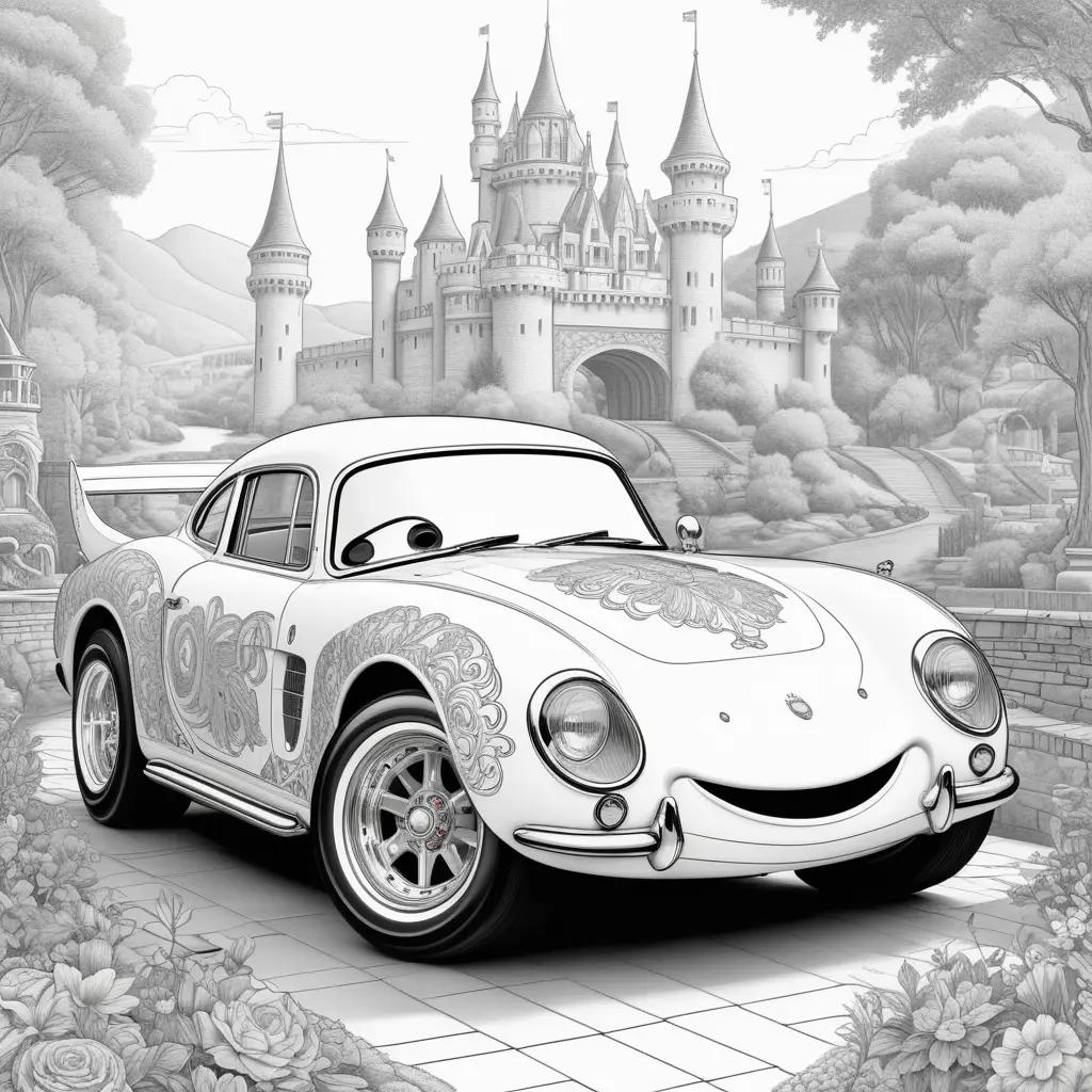 cartoon car with a castle in the background