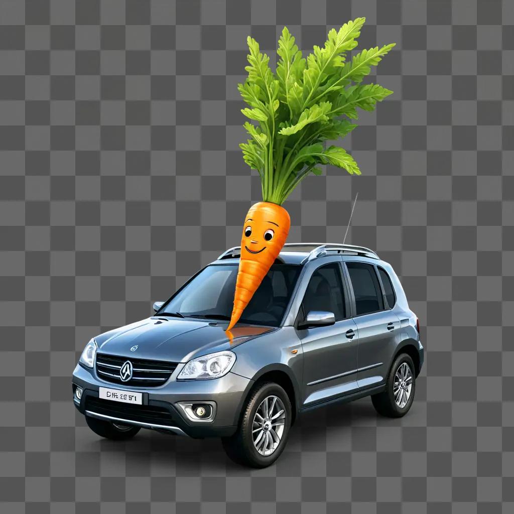 cartoon carrot drawing A smiling carrot on a cars roof