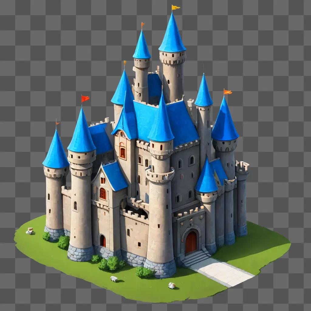 cartoon castle drawing A blue castle with a white roof and four towers