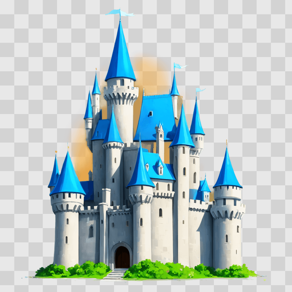 cartoon castle drawing A cartoon castle with blue roofs and turrets