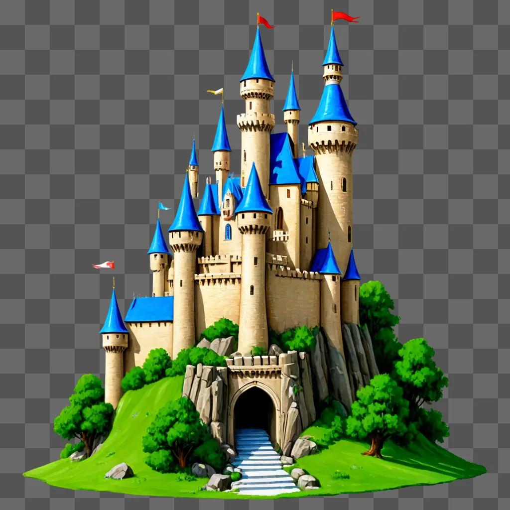 cartoon castle drawing A castle on a hill with a flag in the air