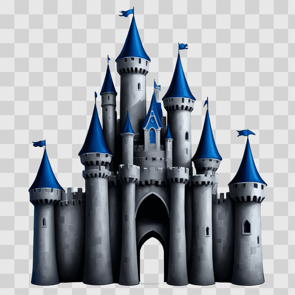 cartoon castle drawing A castle with blue roofs and turrets in the night sky