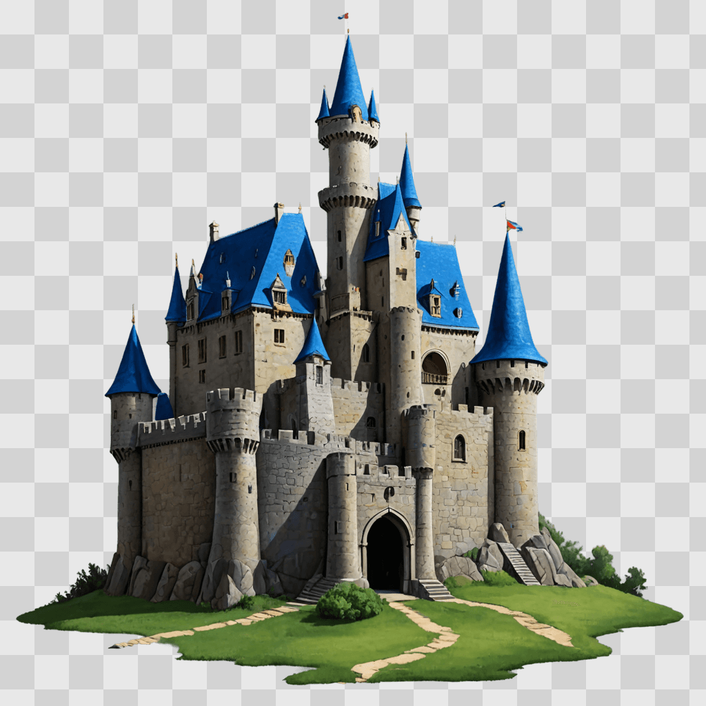 cartoon castle drawing A stone castle with blue roofs and towers