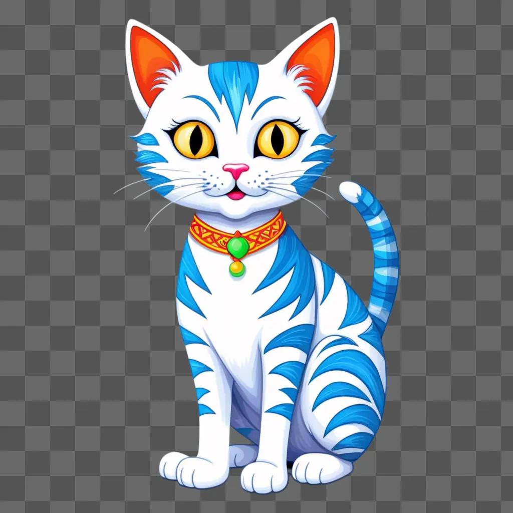 cartoon cat sits with a blue and white pattern and a yellow collar