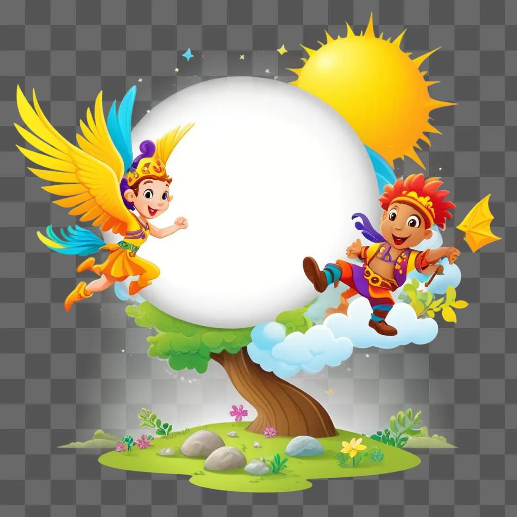 cartoon character flying above a tree