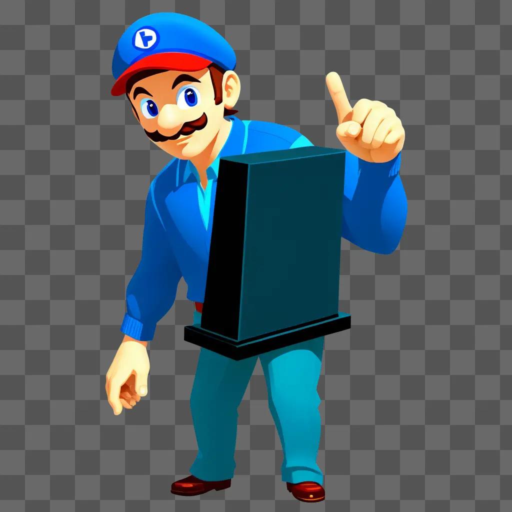 cartoon character with a hat and a big finger pointing at a video game box