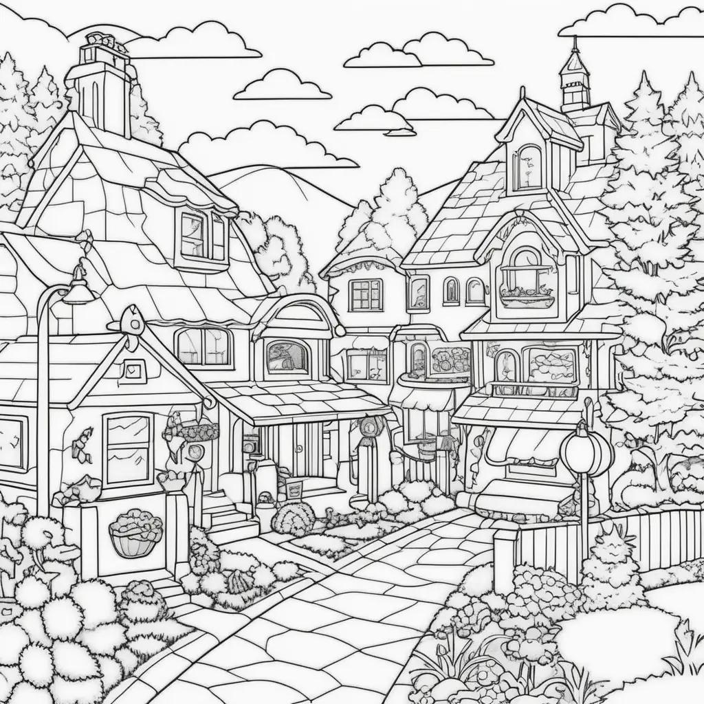 cartoon city street with houses and trees