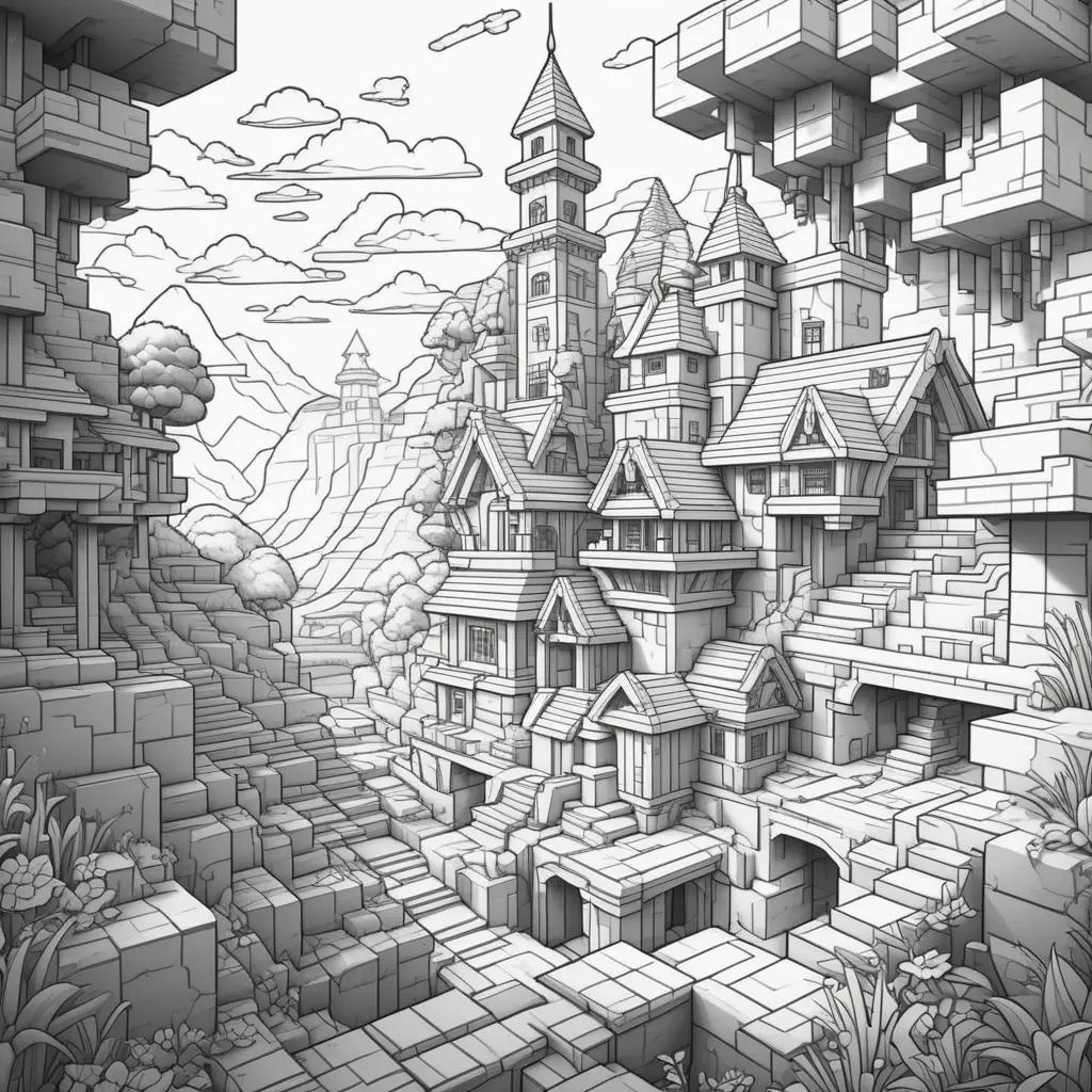 cartoon coloring book features a Minecraft castle scene