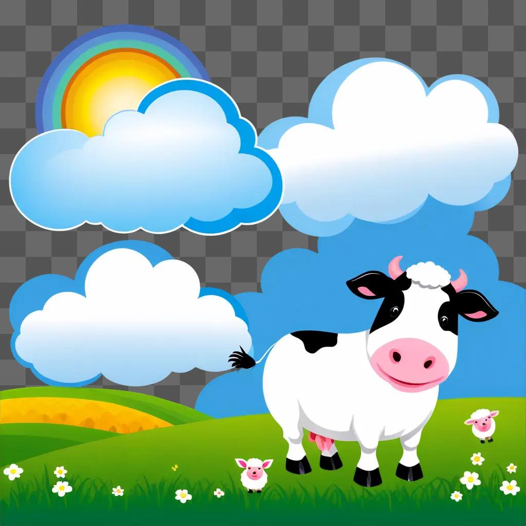 cartoon cow in a field with clouds in the sky