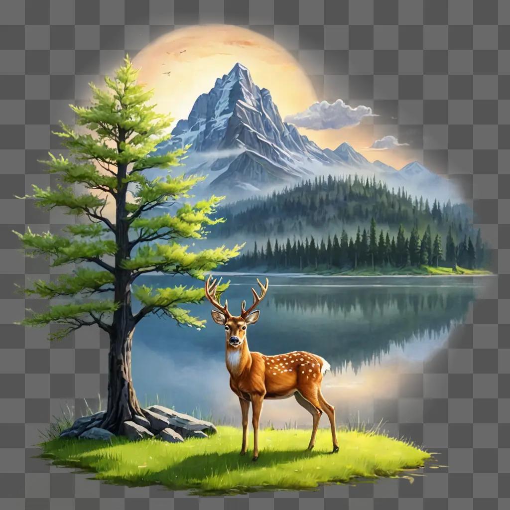 cartoon deer drawing A deer in a forest near a mountain and lake