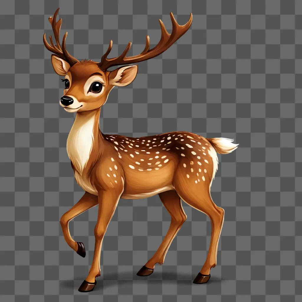 cartoon deer drawing A deer with antlers walking on a brown background