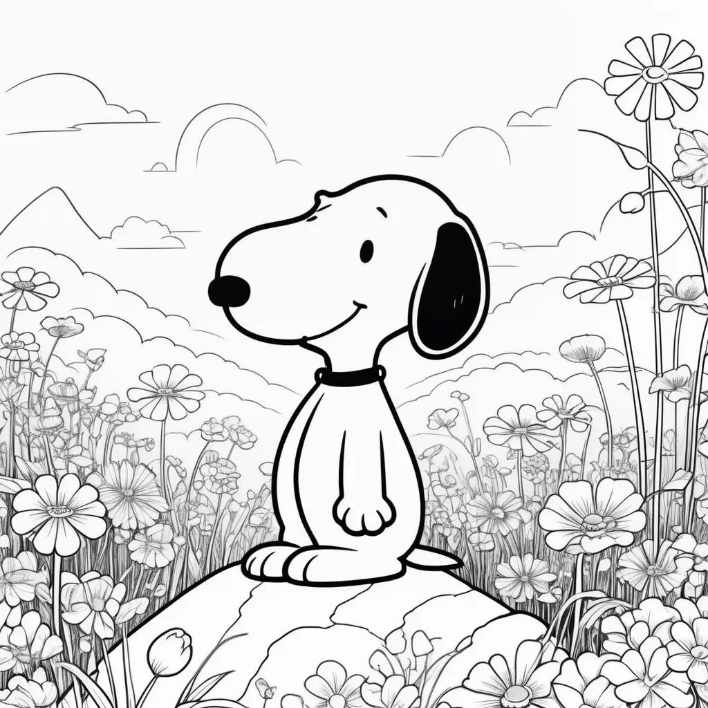 cartoon dog coloring page with flowers in the background