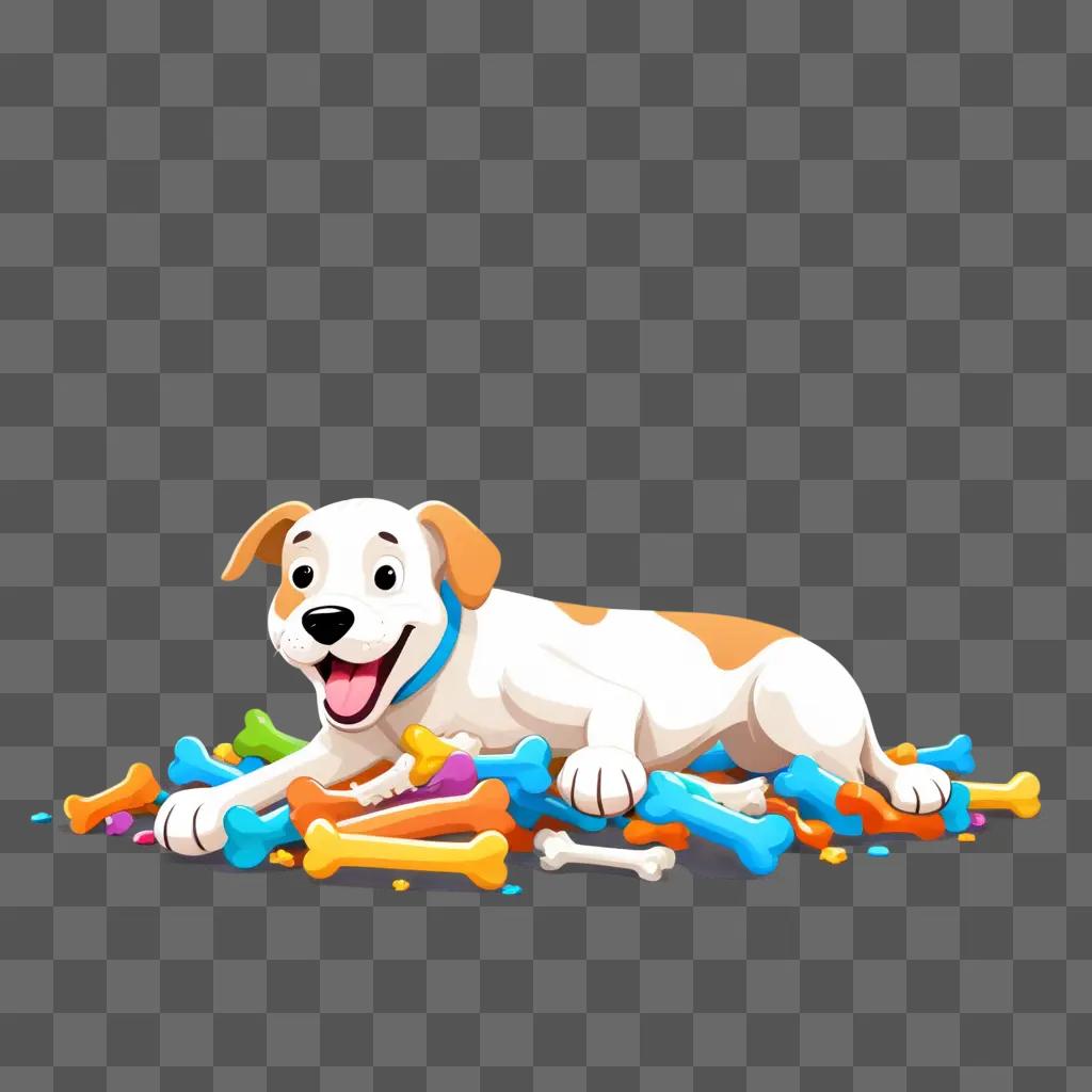 cartoon dog laying on a pile of colorful bones